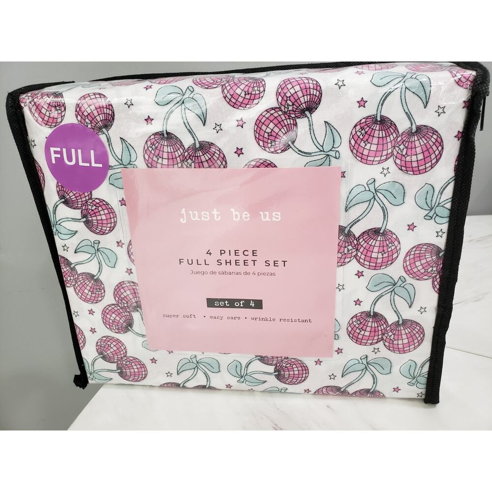 NEW Disco Ball CHERRY print bed sheets full size girl bedroom pink fruit‎ girly